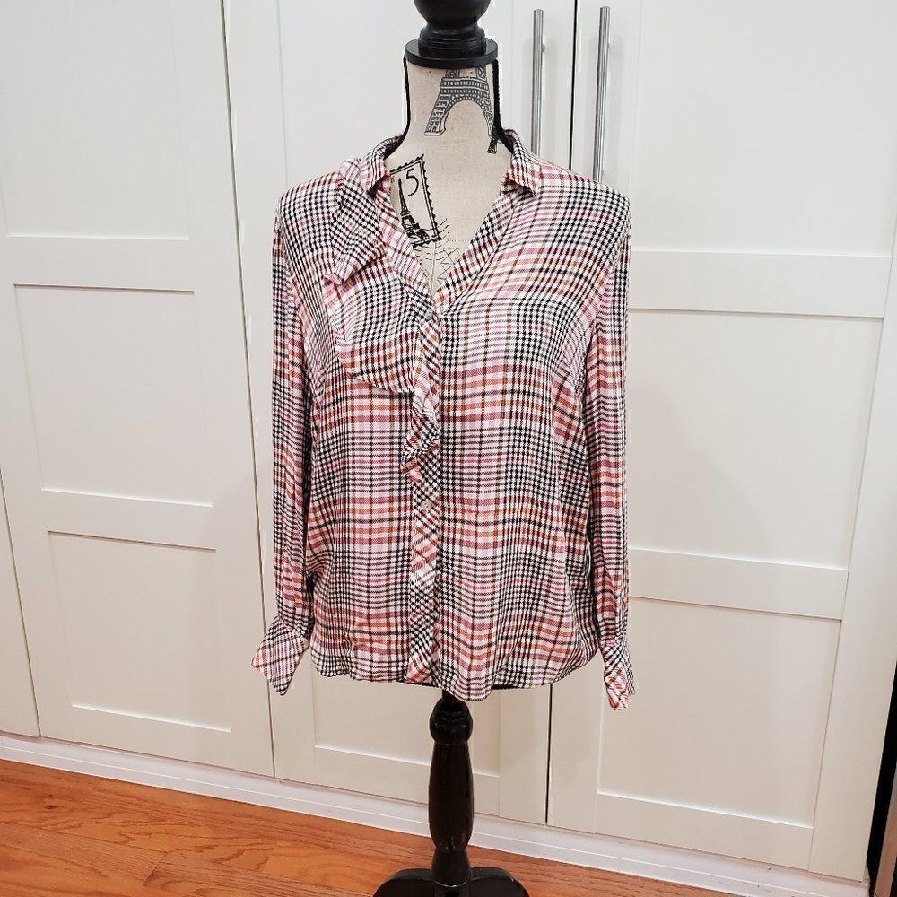 J. JILL Ruffle Button Down Blouse Top Check Plaid